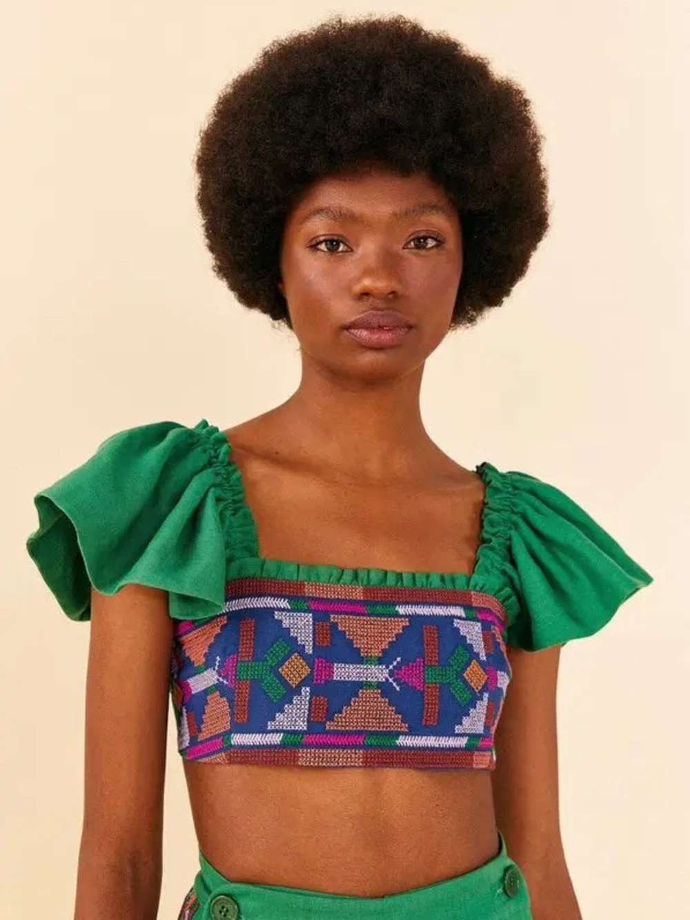 Farm Rio Embroidered Linen Square Neck Crop Top